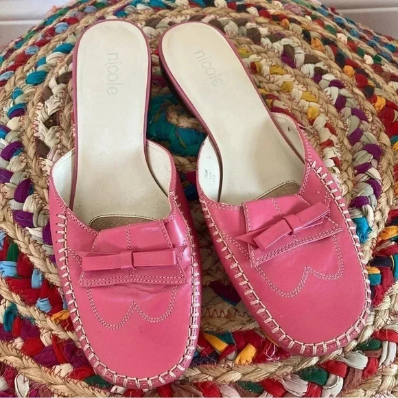 Nicole Y2K contrasting stitching  pink leather barbiecore mules - Picture 2 of 6